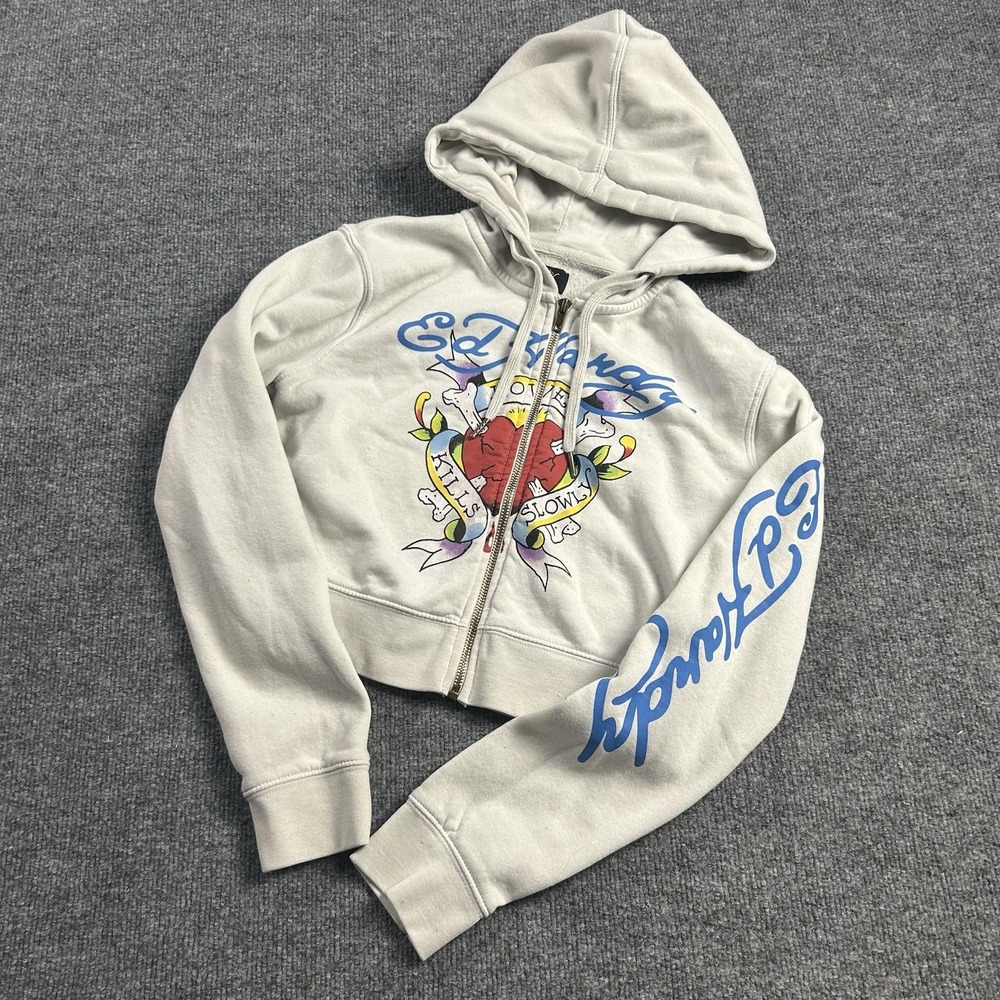 Ed By Ed Hardy Hoodie Womens Large White Love Kills Slowly Heart Zip Fleece